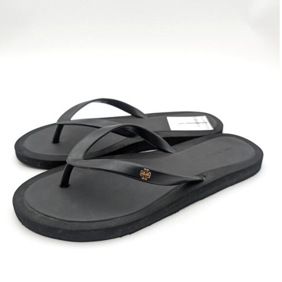 Tory Burch Flip Flop Thong Sandal Brass Gold Logo Women's Kira Black Size US8M - Picture 1 of 13
